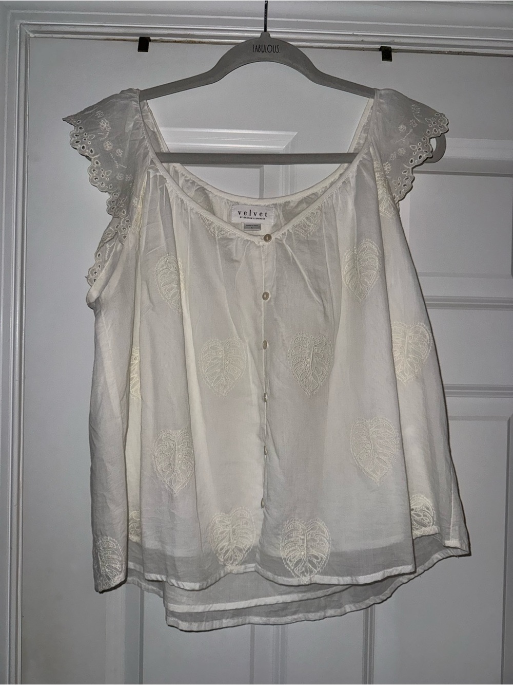 Velvet by Graham & Spencer White Embroidered Cap-Sleeve Button Front Top
